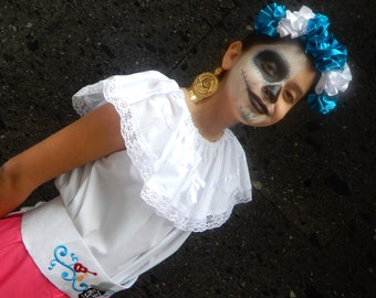 Hair bow ribbon and elastic Handmade  Frida Kahlo style- day of the dead  hair piece ribbon baby Mexican boho hippie baby flower  ponytail