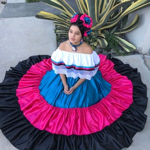 Mexican womans dress 5 de Mayo  coco theme party fiesta wedding 3 tier dress Folklorico practice skirt day of the dead virgen de Guadalupe