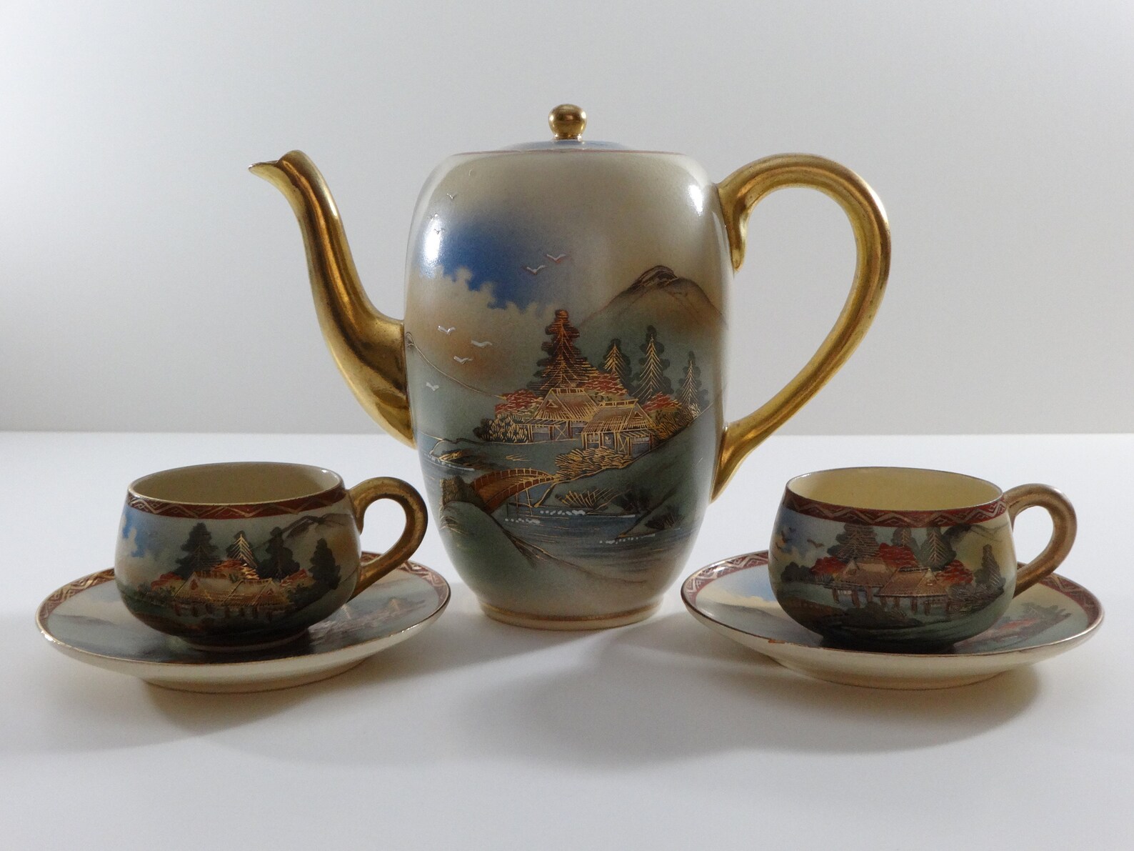 Satsuma Japanese Teapot With Two Cups and Two Saucers, Satsuma Tea Set