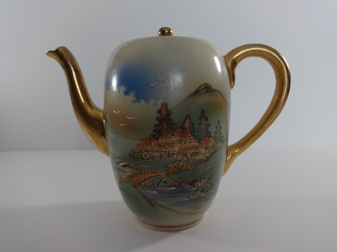 Satsuma Japanese Teapot With Two Cups and Two Saucers, Satsuma Tea Set