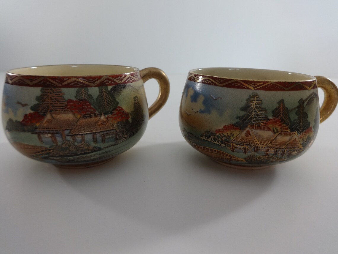 Satsuma Japanese Teapot With Two Cups and Two Saucers, Satsuma Tea Set