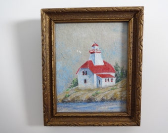 Gold Framed Original Pastel Seaside Lighthouse Drawing, Pastel Lighthouse Drawing, Gold Framed Lighthouse Pastel Drawing, Seaside Pastel