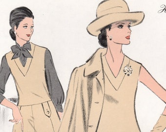 French original vintage 1970s fashion design illustration lithograph beige suit dress.