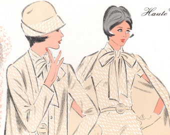 French original vintage 1973 fashion design illustration lithograph beige dress skirt