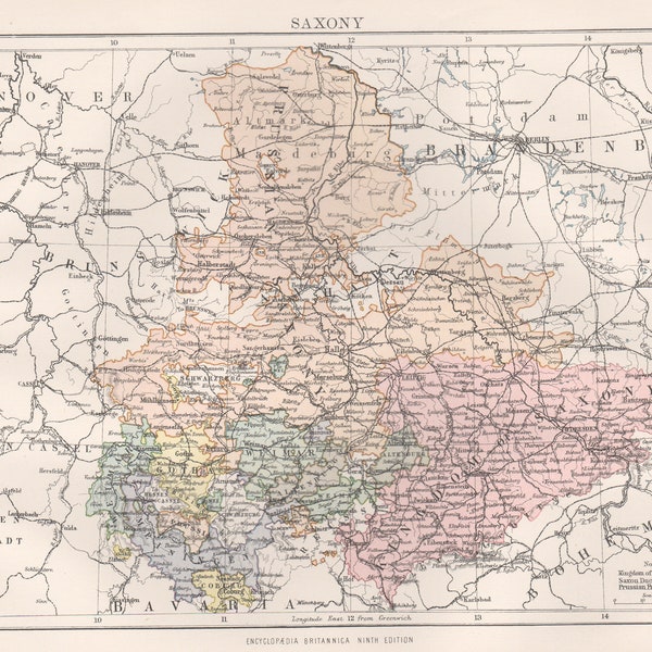 Saxony, Germany, Europe. Antique late 19th century map, circa 1885.