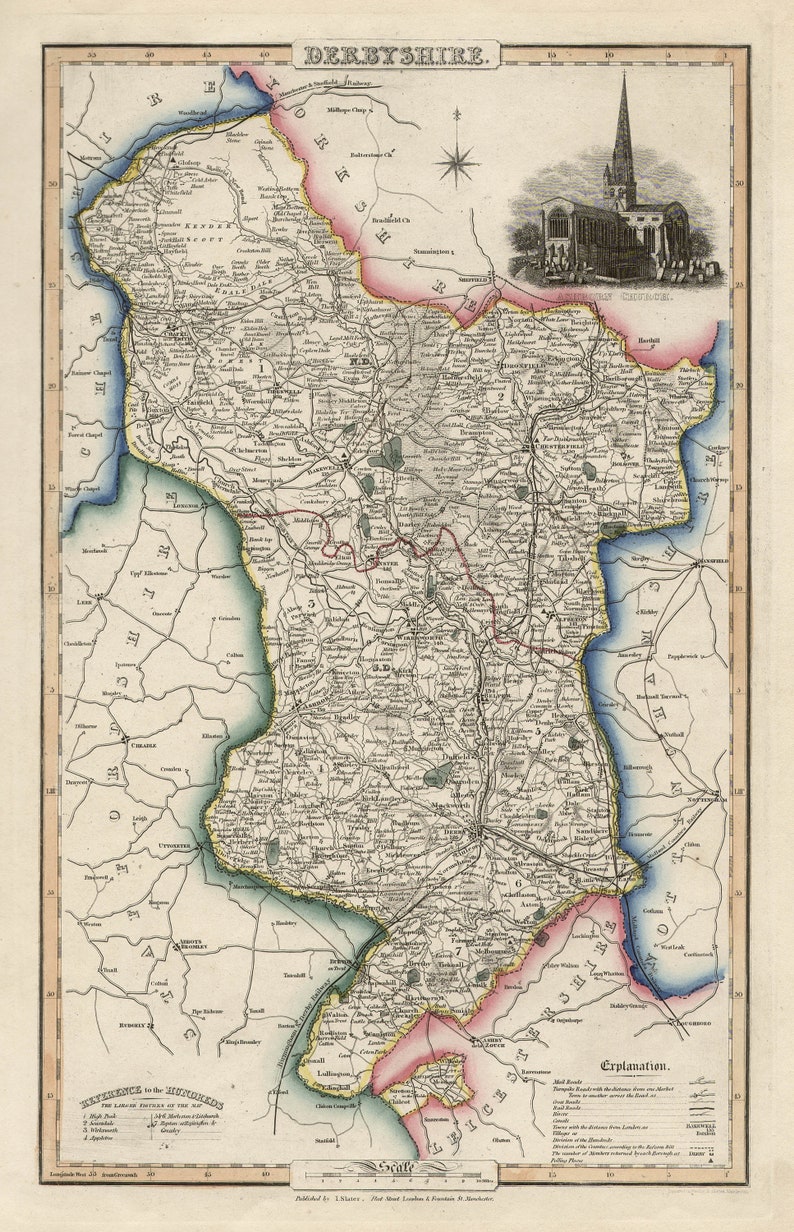 Derbyshire antique English county map by Slater 1847