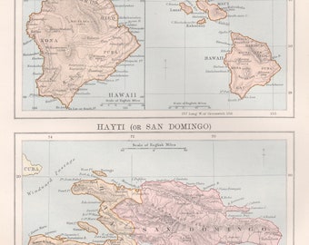 Hawaii-Inseln / Haiti (oder San Domino). Antike Landkarte aus dem späten 19. Jahrhundert, um 1885.