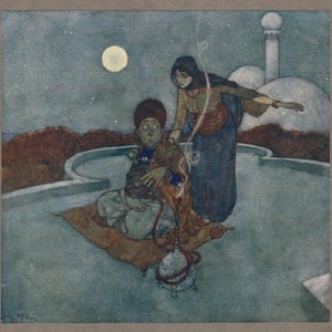 May include: An illustration of a person in a turban sitting on a rug smoking a hookah, while another person in a headscarf stands nearby. The scene is set on a rooftop at night under a full moon, with smoke rising from the hookah pipe.