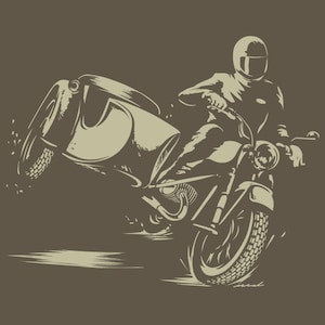 May include: A black and white illustration of a motorcyclist wearing a helmet, leaning into a bend. The motorcycle has a sidecar attached.
