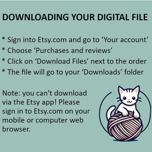 May include: An image with instructions on how to download a digital file from Etsy. The text includes steps to access the file after purchase. A cartoon cat sits on a ball of yarn. The background is a light teal color.