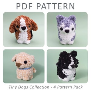 Può includere: Presentazione di quattro modelli di cani all'uncinetto. I cani sono in vari colori, tra cui marrone e bianco, grigio e bianco, beige e nero e bianco. Il testo "PDF PATTERN" e "Tiny Dogs Collection - 4 Pattern Pack" è visualizzato.