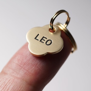 Puede incluir: Una etiqueta de metal dorada para mascotas con forma de trébol y el nombre "LEO" grabado en letras negras.