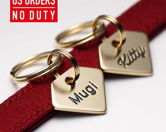 Gem Cat Tag: Personalized Brass Cat Tag, Engraved Pet ID Tag, Small Dog Tag for Cats, Tiny Dog Tag for Dogs, Mini Dog Tag for gift