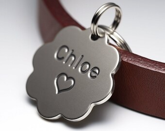 Dog Tag, Flower Dog Tag, Nickel Dog Tag, Pet ID Tags, Personalized Dog Tag, Engraved Dog Tag, Small Dog Tag for Dogs, Name tag, Key ring