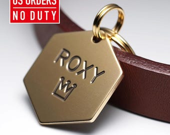 Hexagon Dog Tag: Personalized Brass Dog Tag, Engraved Pet ID Tag, Custom Dog tag, Small Dog Tag for Dogs, Metal Name Keychain for gift