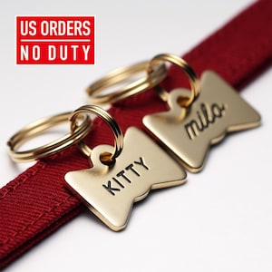 Bowtie Cat Tag: Personalized Brass Cat Tag, Engraved Pet ID Tag, Small Dog Tag for Cats, Tiny Dog Tag for Dogs, Mini Dog Tag for gift