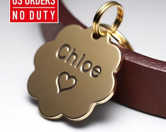 Flower Dog Tag: Personalized Brass Dog Tag, Engraved Pet ID Tag, Custom Dog tag, Small Dog Tag for Dogs, Metal Name Keychain for gift