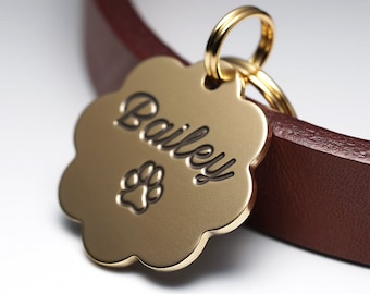 Dog Tag [Script Font], Flower Dog Tag, Brass Dog Tag, Pet ID Tags, Personalized Dog Tag, Engraved Dog Tag, Small Dog Tag [Script Font]