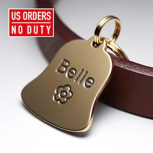 Bell Dog Tag: Personalized Brass Dog Tag, Engraved Pet ID Tag, Custom Dog tag, Small Dog Tag for Dogs, Metal Name Keychain for gift