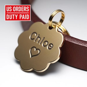 Flower Dog Tag: Personalized Brass Dog Tag, Engraved Pet ID Tag, Custom Dog tag, Small Dog Tag for Dogs, Metal Name Keychain for gift