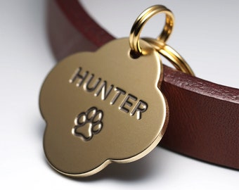 Hundemarke, Kleeblatt-Hundemarke, Messing-Hundemarke, Haustier-ID-Tags, personalisierte Hundemarke, gravierte Hundemarke, kleine Hundemarke für Hunde, Namensschild, Schlüsselanhänger