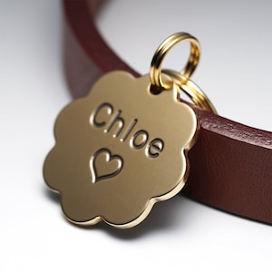 Dog Tag, Flower Dog Tag, Brass Dog Tag, Pet ID Tags, Personalized Dog Tag, Engraved Dog Tag, Small Dog Tag for Dogs, Name tag, Key ring