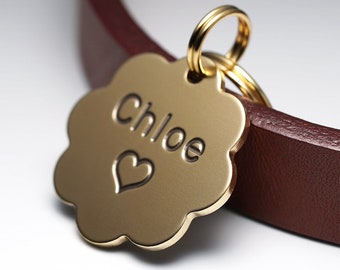 Dog Tag, Flower Dog Tag, Brass Dog Tag, Pet ID Tags, Personalized Dog Tag, Engraved Dog Tag, Small Dog Tag for Dogs, Name tag, Key ring