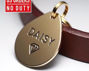 Drop Dog Tag: Personalized Brass Dog Tag, Engraved Pet ID Tag, Custom Dog tag, Small Dog Tag for Dogs, Metal Name Keychain for gift