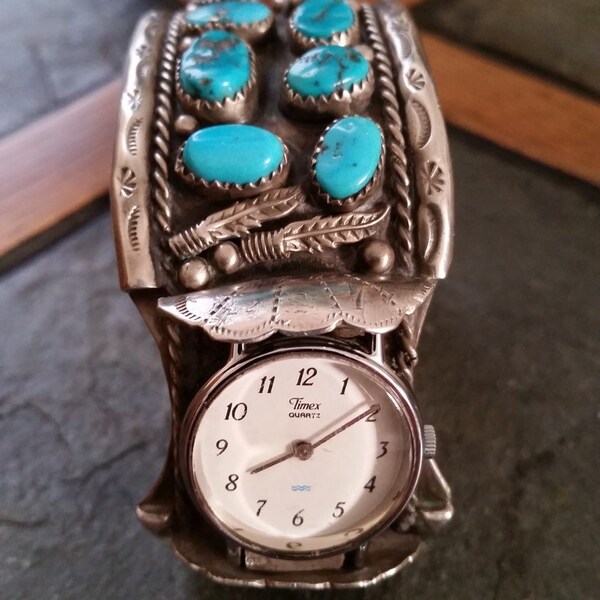 Vintage Native American Navajo Sterling Silver Turquoise Watch Cuff Bracelet