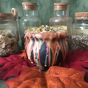 May include: A black cauldron-shaped candle with orange, white, and red wax drips, surrounded by glass jars with cork lids filled with herbs. The candle sits on red and orange artificial leaves, with a green background.