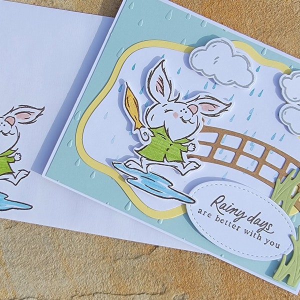 Handmade RAINY DAY Card, Stampin' Up! Playing In The Rain, Bunny, Rabbit,