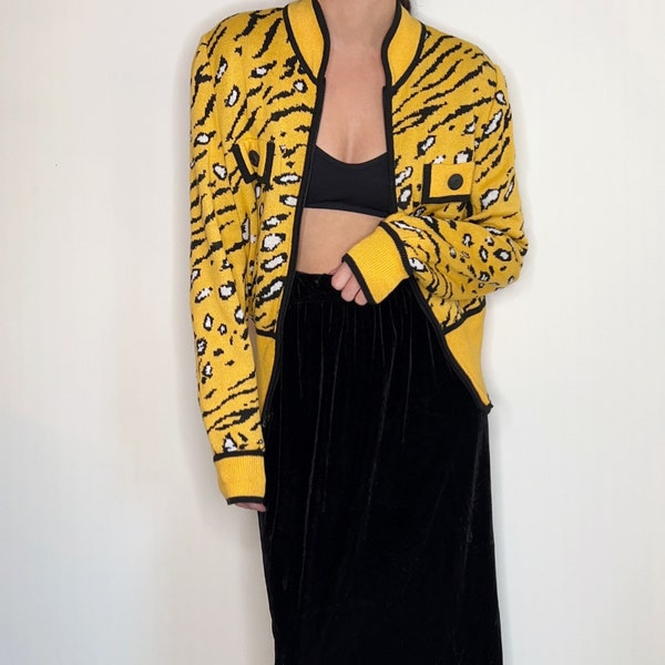 pull cardigan vintage des années 90 | cardigan femme imprimé léopard | taille 8