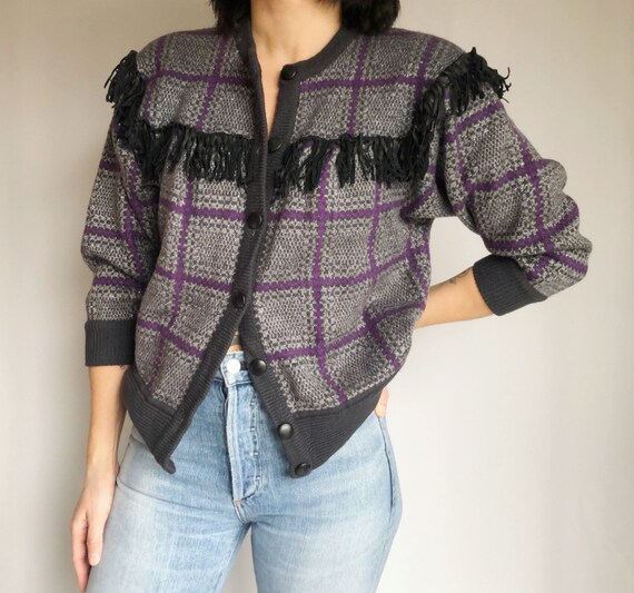 Vintage 80’s leather fringe knit cardigan XS