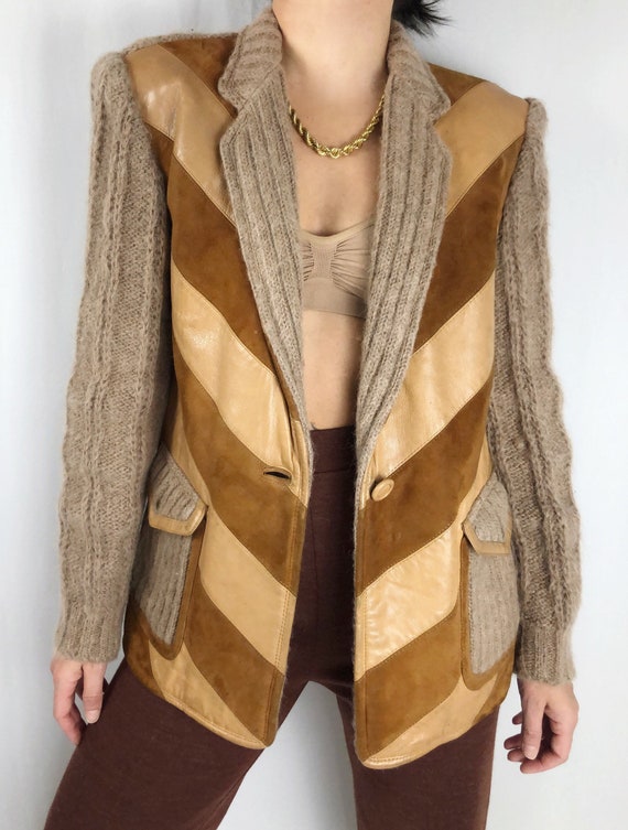 Vintage cable knit leather suede jacket S
