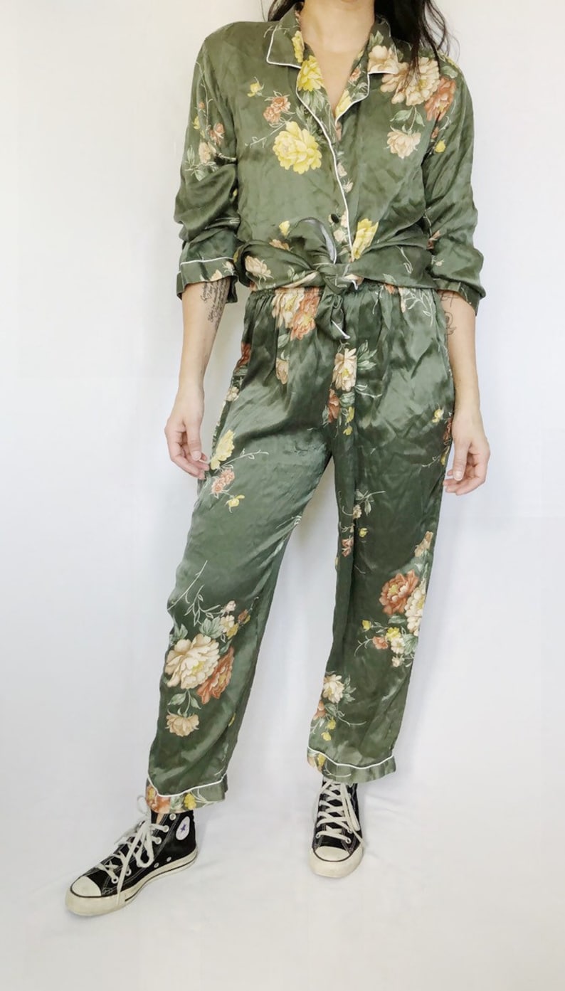 Vintage Pajama silk two piece floral S