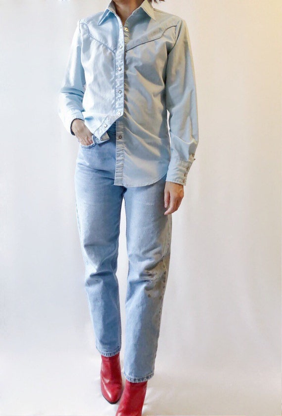 Vintage 70's Ms Joni West baby blue western shirt