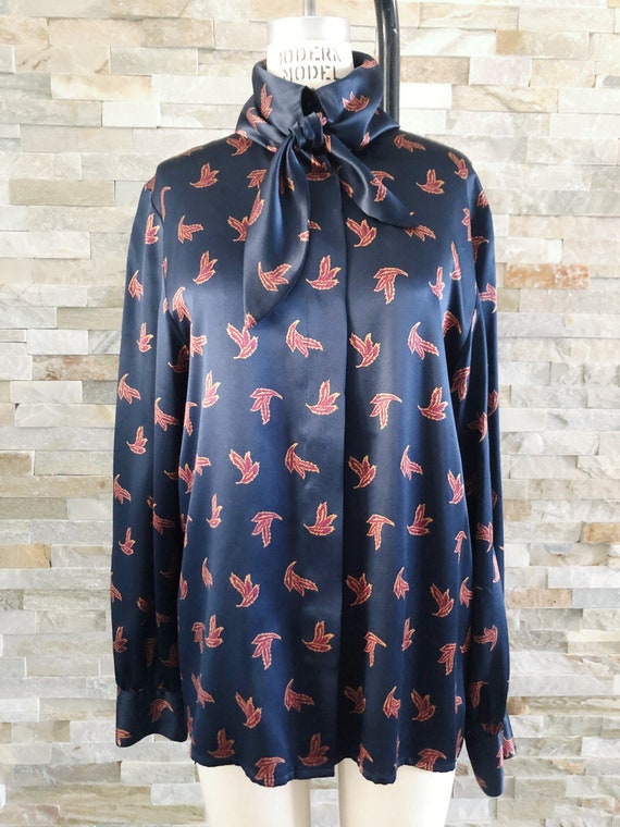Vintage silk Secretary blouse leaf print M