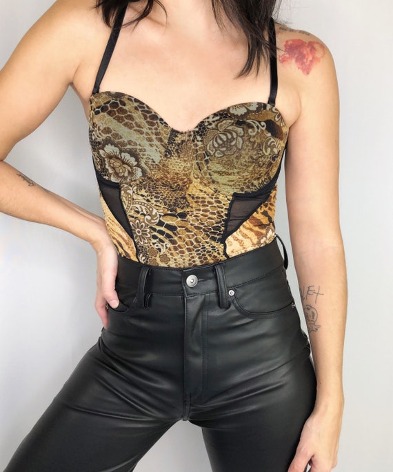 Vintage snake print floral mesh bustier S
