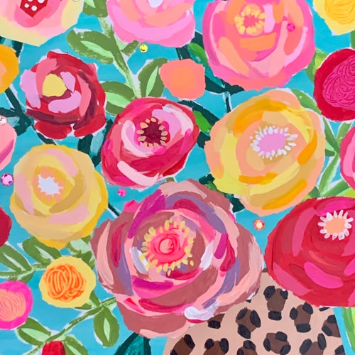 Mixed media art FLORAL flower PAINTING “Wild Child shops Bouquet” ORIGINAL