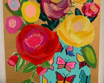 May include: A rectangular painting on a gold background featuring a bouquet of vibrant flowers in a teal vase. The vase is decorated with various colorful butterflies. The flowers are painted in shades of red, yellow, pink, and deep purple with green leaves.