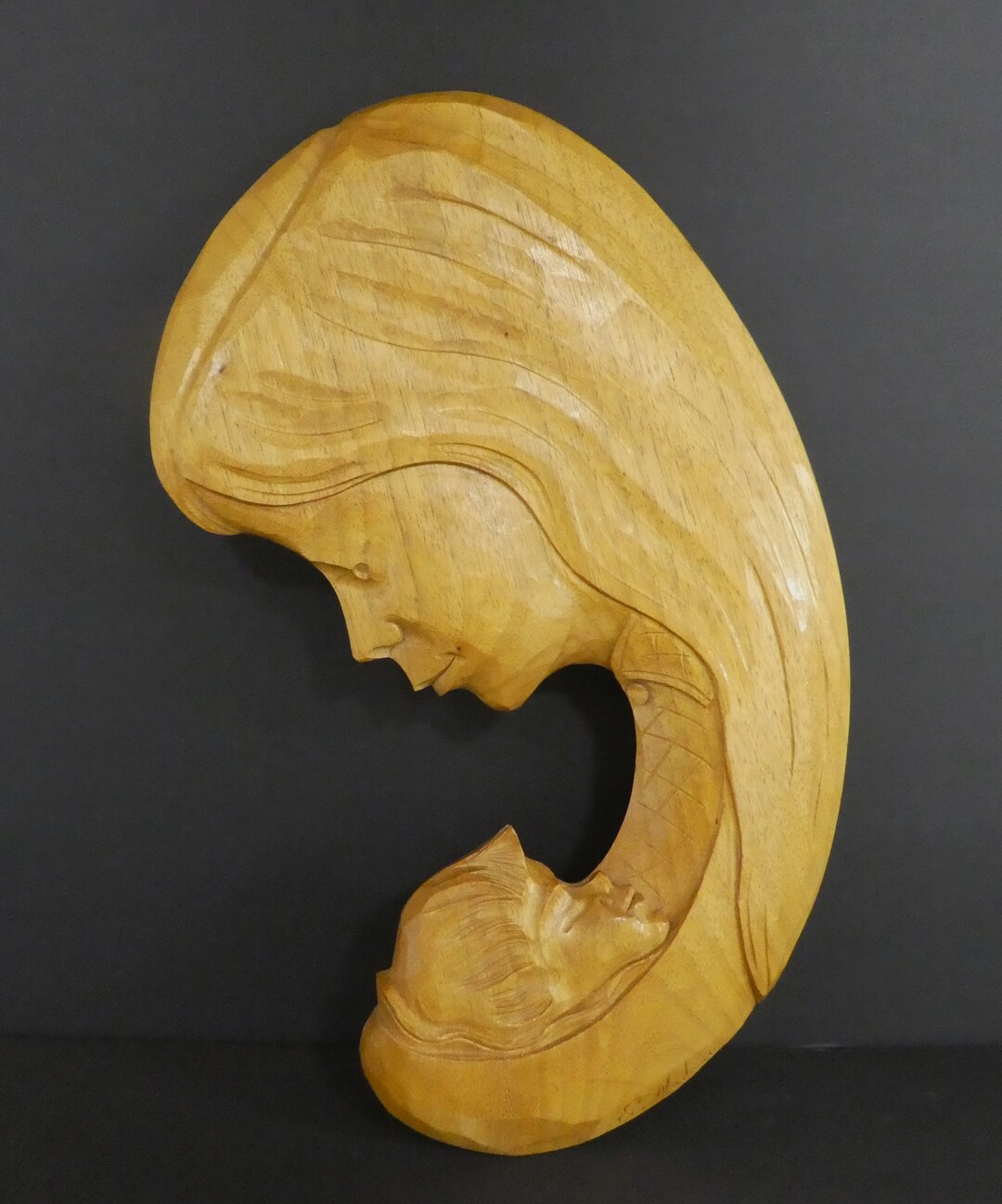 Wood Carving Wall Art Mother and Child/mary,madonna and Jesus/by E. Nadeau/midcentury Carved