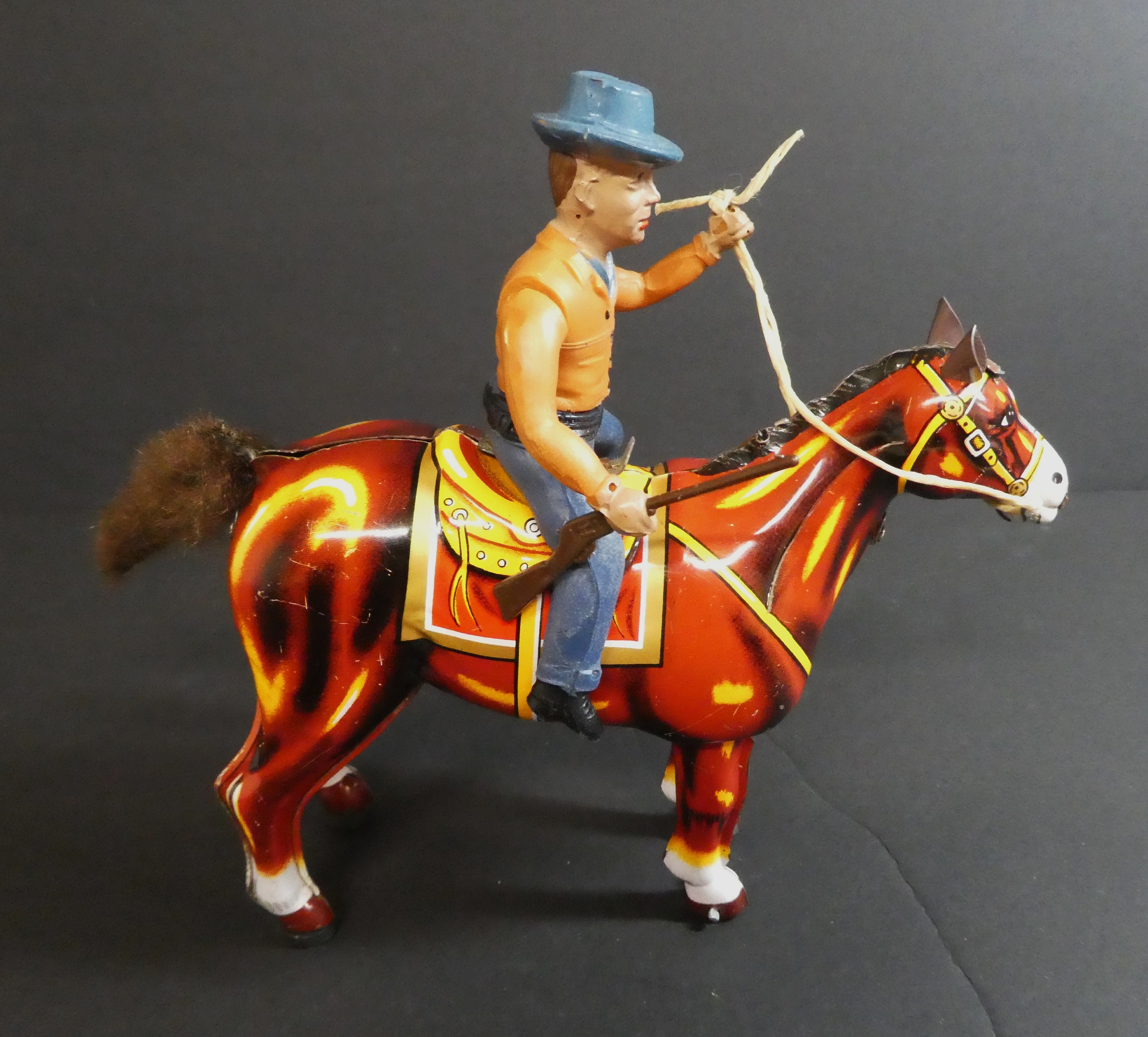 Rare-vintage Mikuni Litho Tin Windup Horse and Cowboy Rider