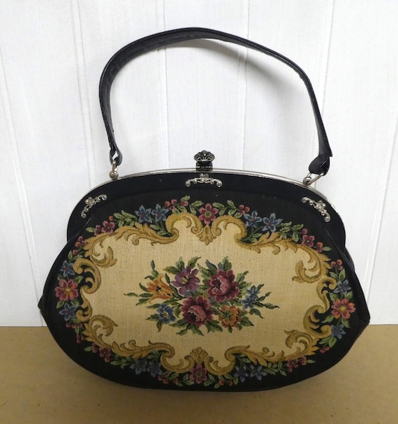 Vintage Tapestry Black LaMarquise Handbag/Vtg Flo… - image 1