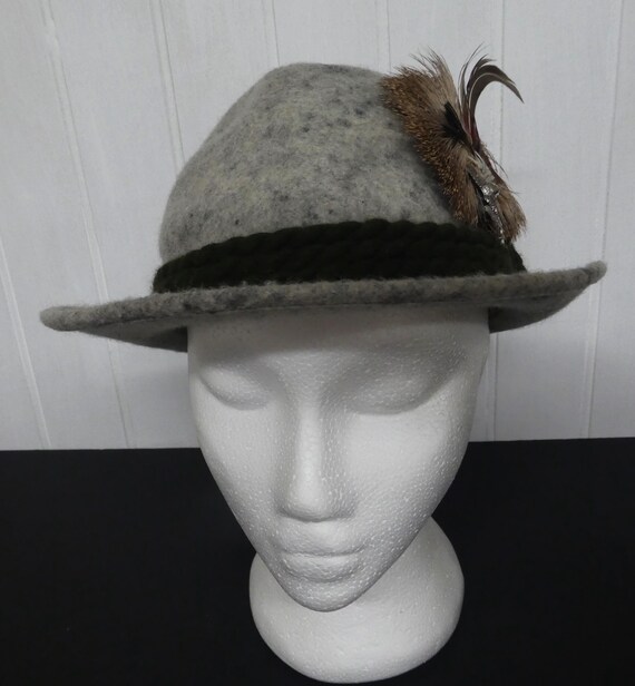Vintage Gray Wool Tyrolean Hat With Feathers & Eagle Pin - Etsy display picture 3