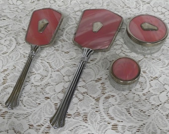 Antoines 1940s Vanity Set Silver with Pink Pearlized Celluoid/Vtg Vanity Cosmetic Jars/Vtg Brush Handheld MirrorSet/Boudoir Vanity Decor