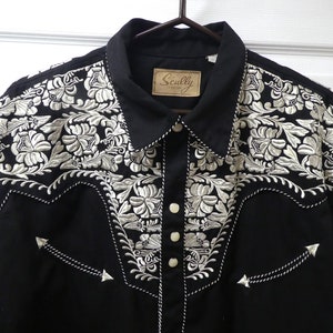Vintage Scully Western Mens Shirt/Embroidered Mens Cowboy Shirt/Black with White Western Snap Button Shirt