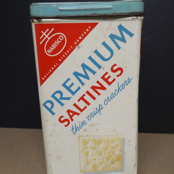 Vtg Premium Nabisco Saltine Cracker Tin Bilingual/Farmhouse Rustic Country Kitchen Decor/Metal Storage Tin/Advertising Tin/Collectible Tins