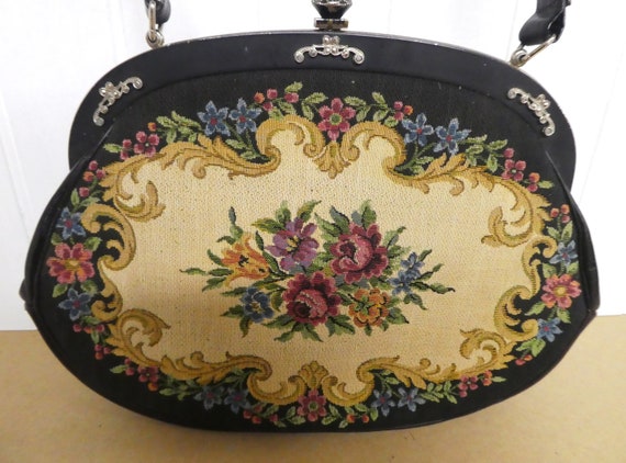 Vintage Tapestry Black LaMarquise Handbag/Vtg Flo… - image 2