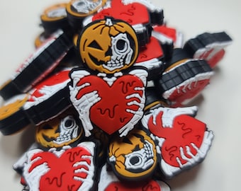 Pumpkin Skull Skeleton with heart Silicone Focal Bead