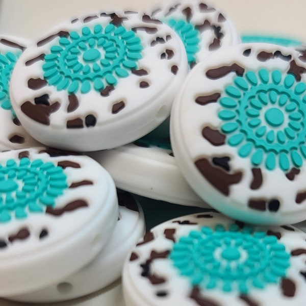 White & Turquoise Western Disk Silicone Focal Bead
